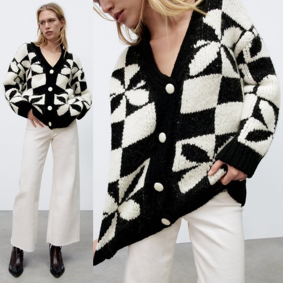 Zara Sweaters - NEW Zara Black White Checkered Knit Jacquard Chunky Knit Oversize Cardigan S